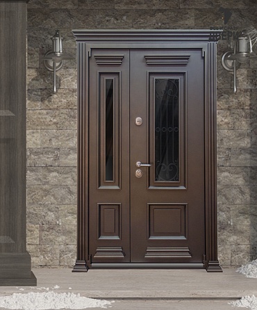 Входная стальная дверь Двухстворчатая "Grand Luxe 2" с окном и ковкой (Заказная модель) - Муар коричневый/Роял вуд кофе СС 5010