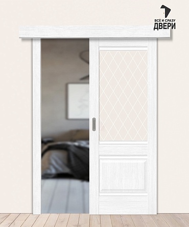 Межкомнатная дверь-купе с экошпоном Прима-3 Snow Melinga/White Сrystal 600х2000 мм