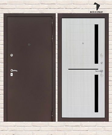Входная дверь CLASSIC Антик медный 02 — Сандал белый, стекло черное 205х88 Левая