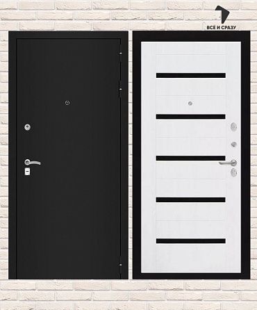 Входная дверь CLASSIC Шагрень черная 01 — Белое дерево, стекло черное 205х88 Левая