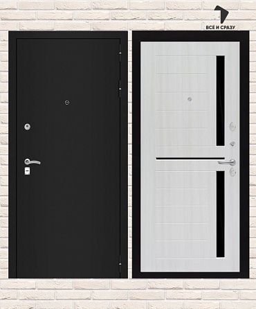 Входная дверь CLASSIC Шагрень черная 02 — Сандал белый, стекло черное 205х88 Левая