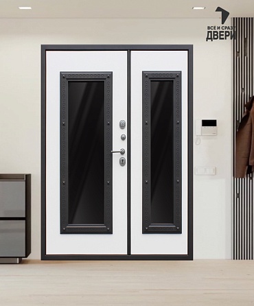 Входная стальная дверь Двухстворчатая "Grand Luxe" с окном и ковкой - LED подсветка (Заказная модель) - Муар коричневый/Роял вуд кофе сс 5010