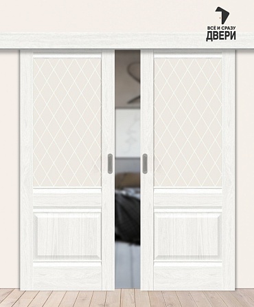Межкомнатная двойная дверь-купе с экошпоном Прима-3 White Dreamline/White Сrystal 600+600х2000 мм