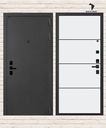 Входная дверь АКУСТИК 25 — Белый софт, черный молдинг 205х88 Левая