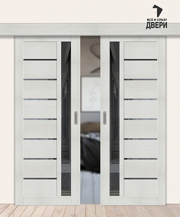Межкомнатная двойная дверь-купе с экошпоном Браво-27 Bianco Veralinga/Mirox Grey 600+600х2000 мм